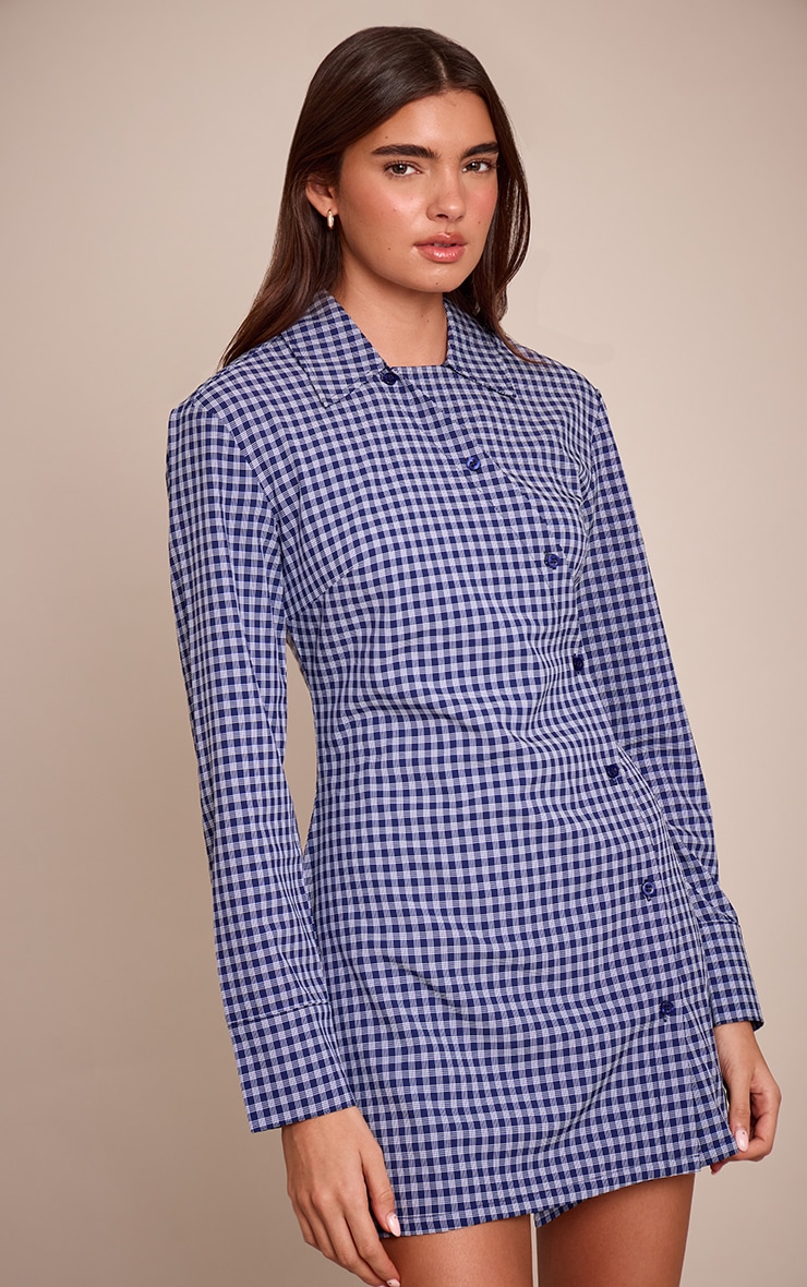 Navy Check Button Down Shirt Dress
