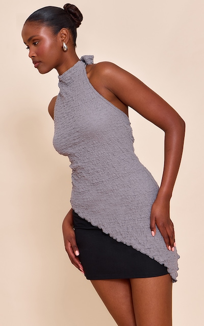 Grey Textured High Neck Asymmetric Hem Detail Long Top
