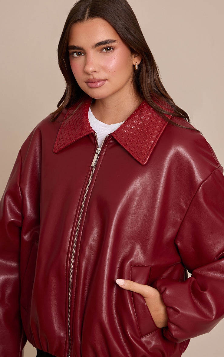 Red Quilted Collar Detail Faux Leather Bomber