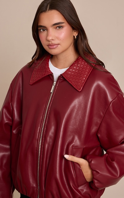 Red Quilted Collar Detail Faux Leather Bomber