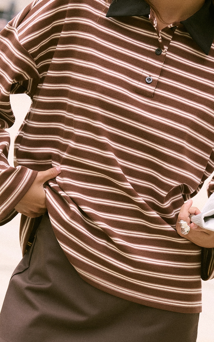 Chocolate Stripey Collar Detail Long Sleeve Rugby Top  image 4