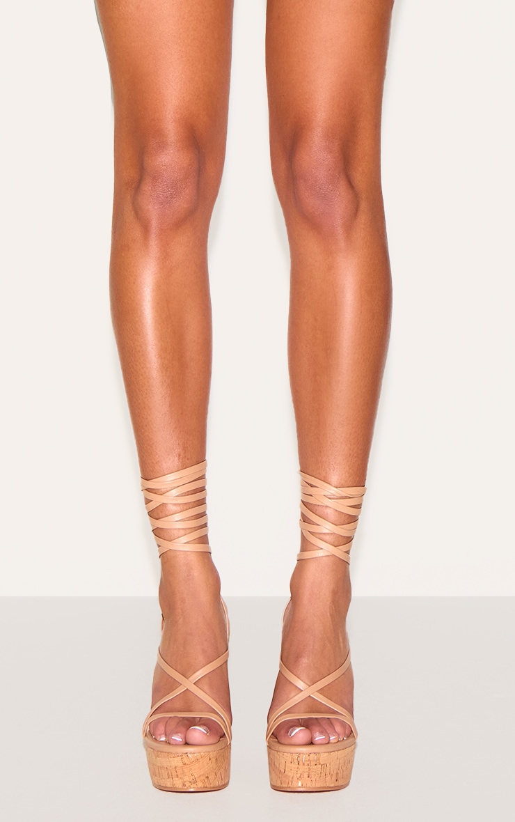 Nude Pu Strappy Lace Up High Heel Cork Wedges image 1