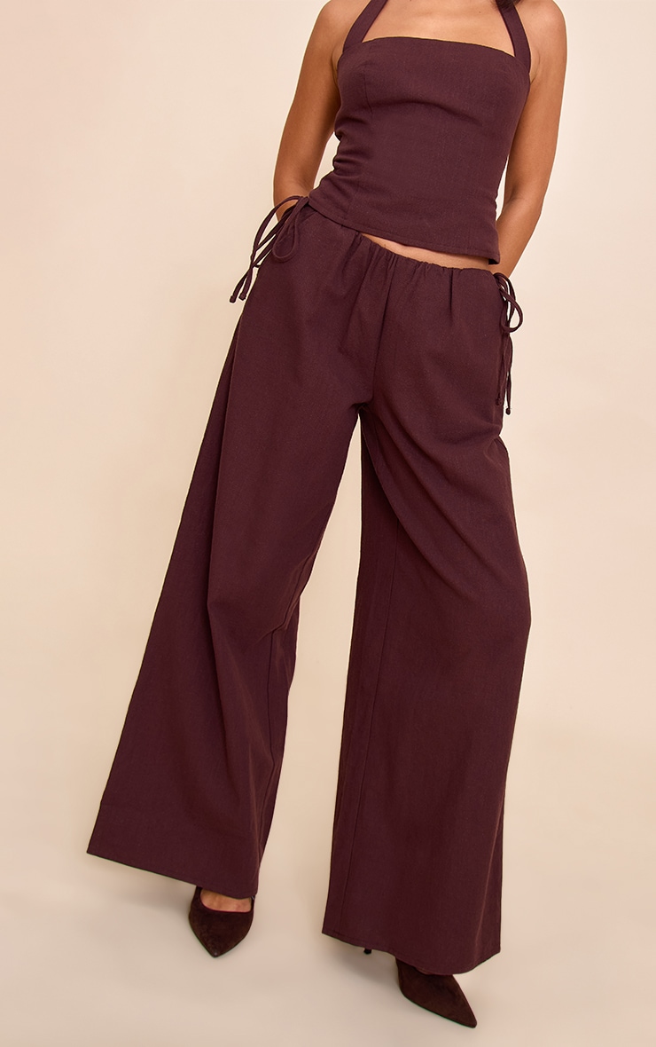 Deep Chocolate Premium Linen Side Tie Detail Wide Leg Pants image 2