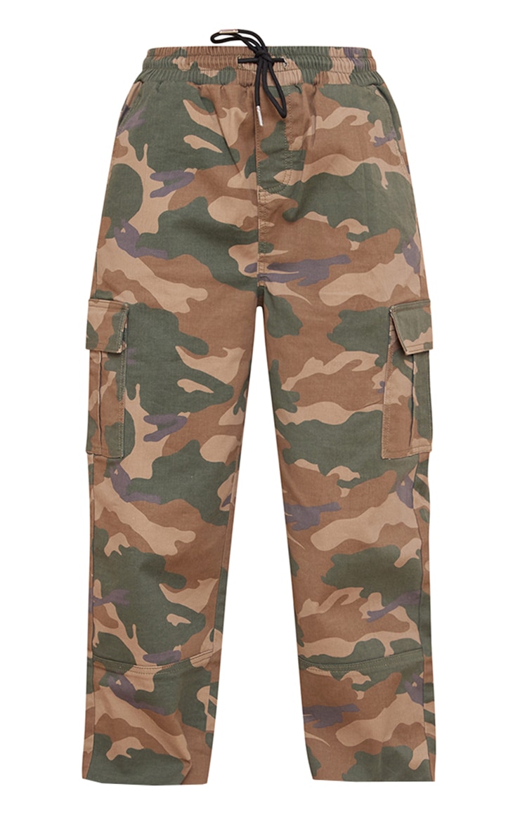 Tall Khaki Camo Tie Waist Straight Leg Cargo Trousers image 5