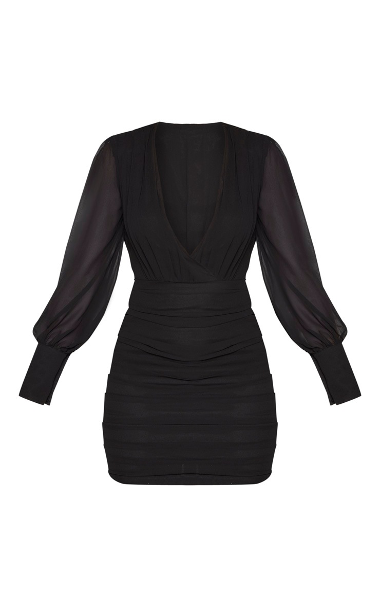 Black long sleeve chiffon ruched bodycon dress Clearance