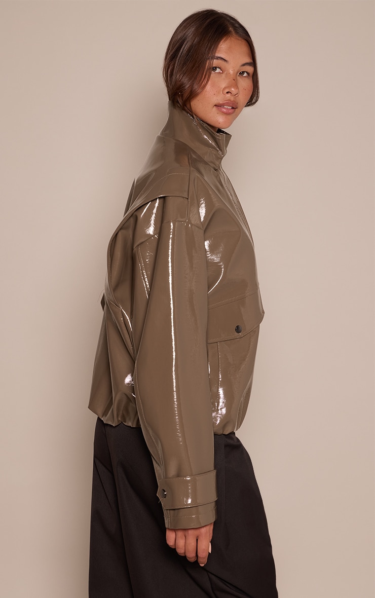 Olive High Shine Funnel Neck Jacket image 2