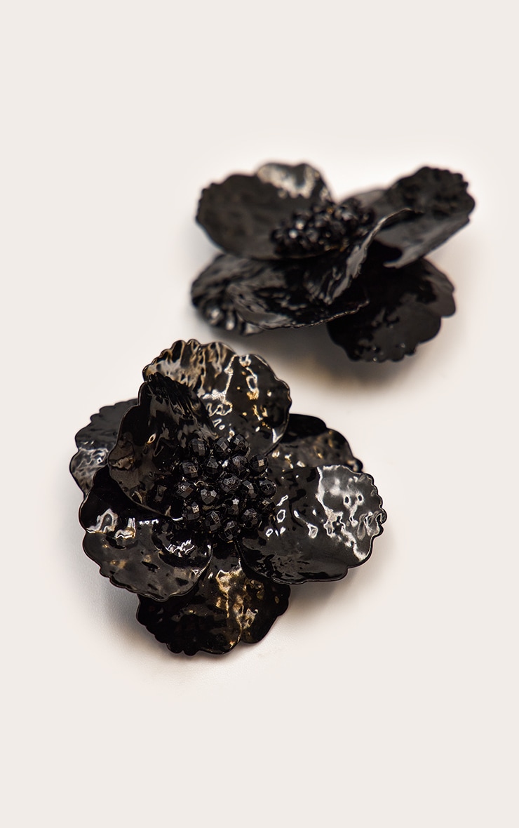 Black Diamante Detail Flower Statement Earrings image 3