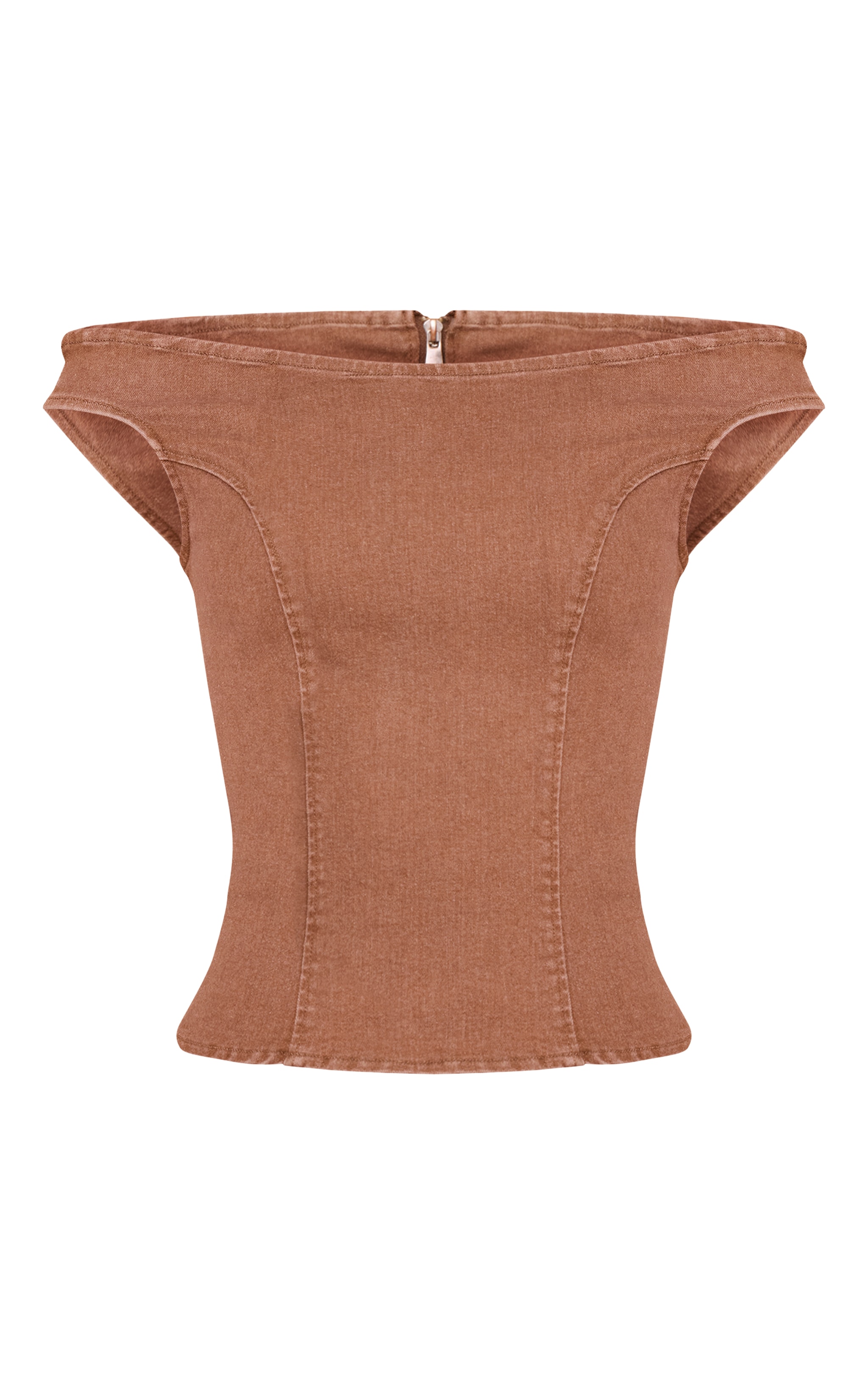 Brown Off The Shoulder Stretch Denim Top image 5