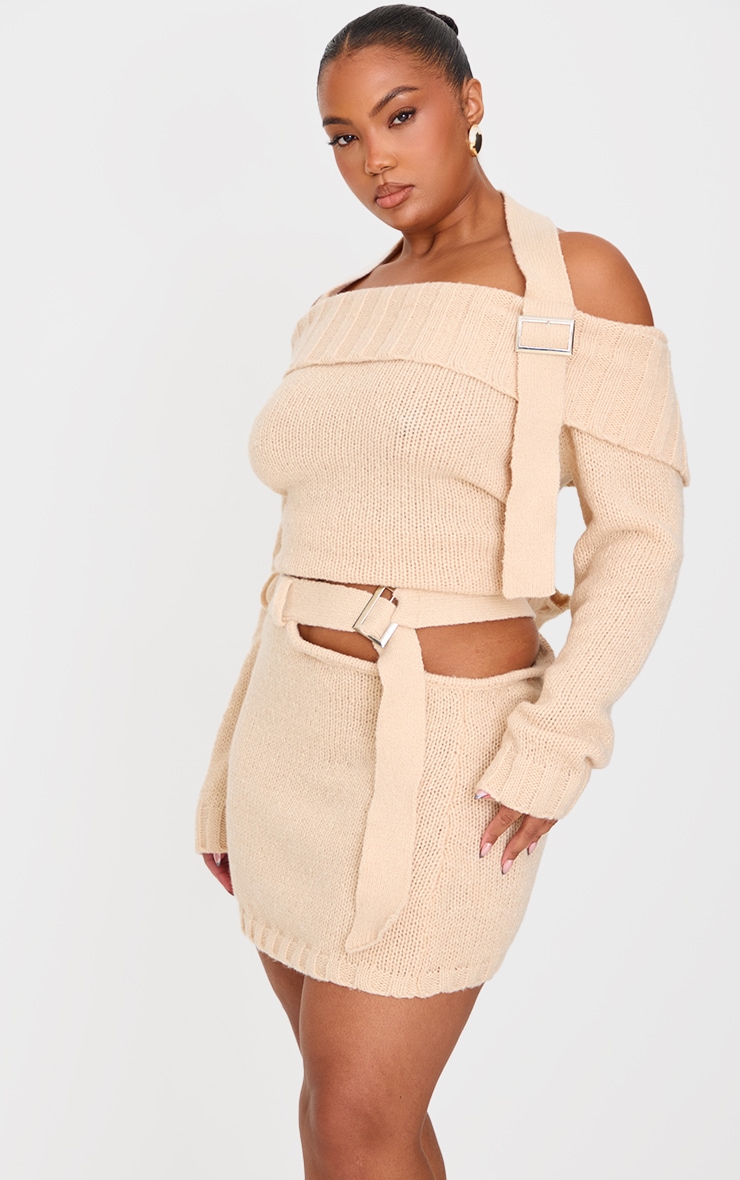 Plus Cream Knitted Cut Out Buckle Detail Mini Skirt image 4