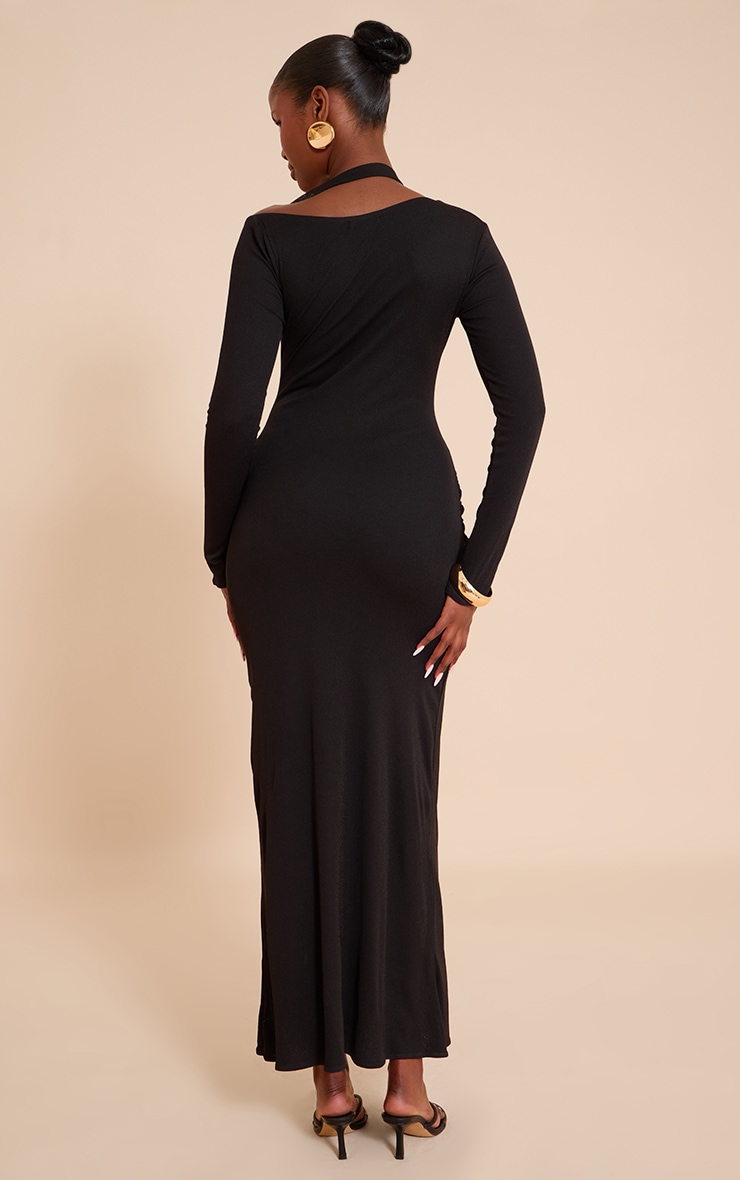 Black Burnout Mesh Ruched Asymmetric Maxi Dress image 2