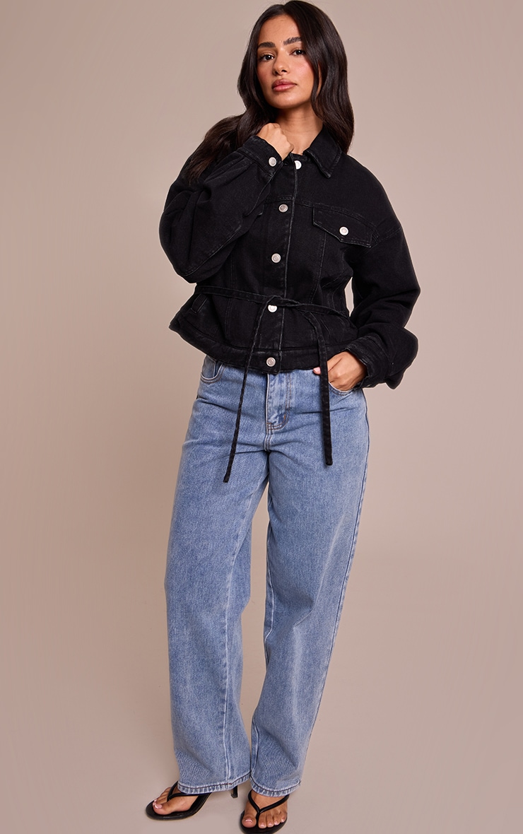 Petite Black Quilted Tie Back Denim Jacket image 3