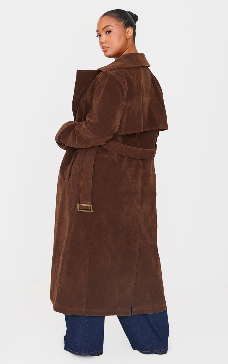 Plus Chocolate Faux Suede Belted Trench Coat image 2