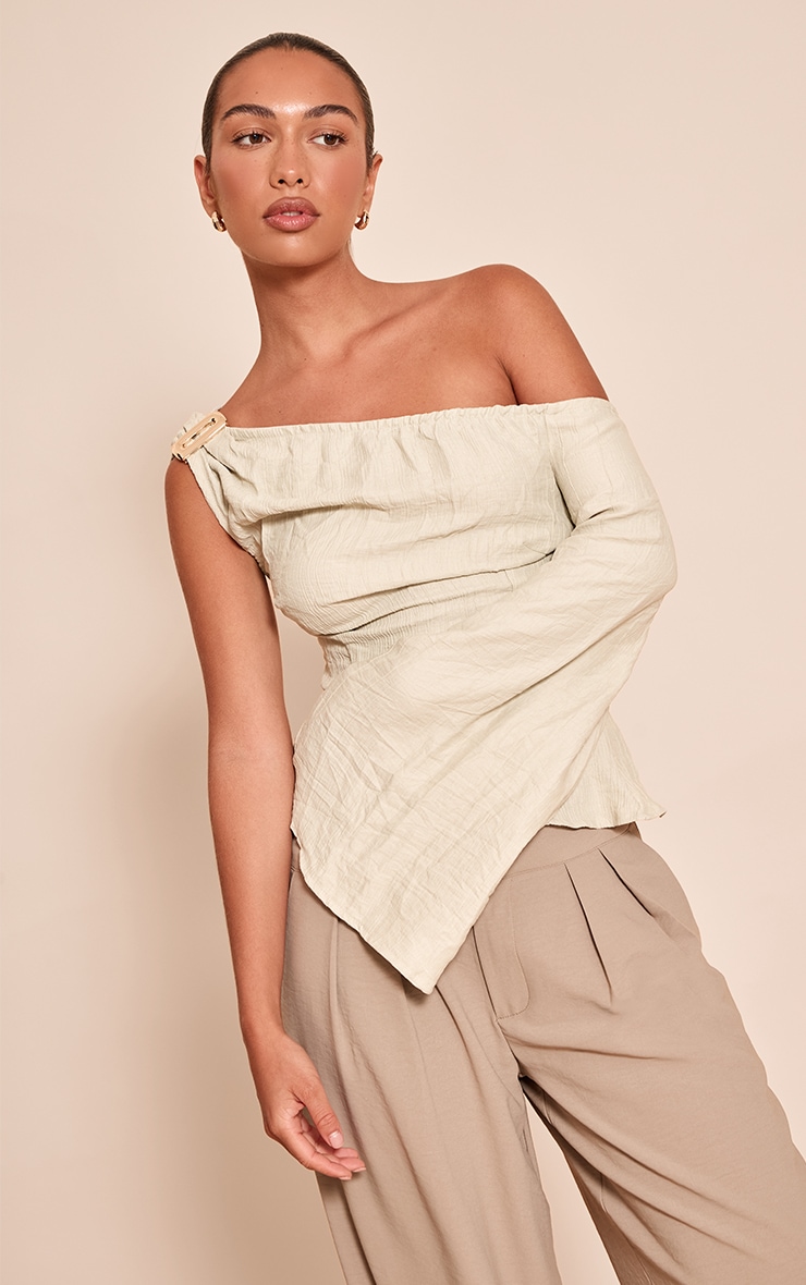 Sage Green Textured Woven Asymmetric Trim Detail Top image 1
