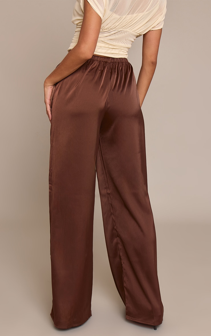 Chocolate Satin Low Rise Wide Leg Drawstring Pants image 3