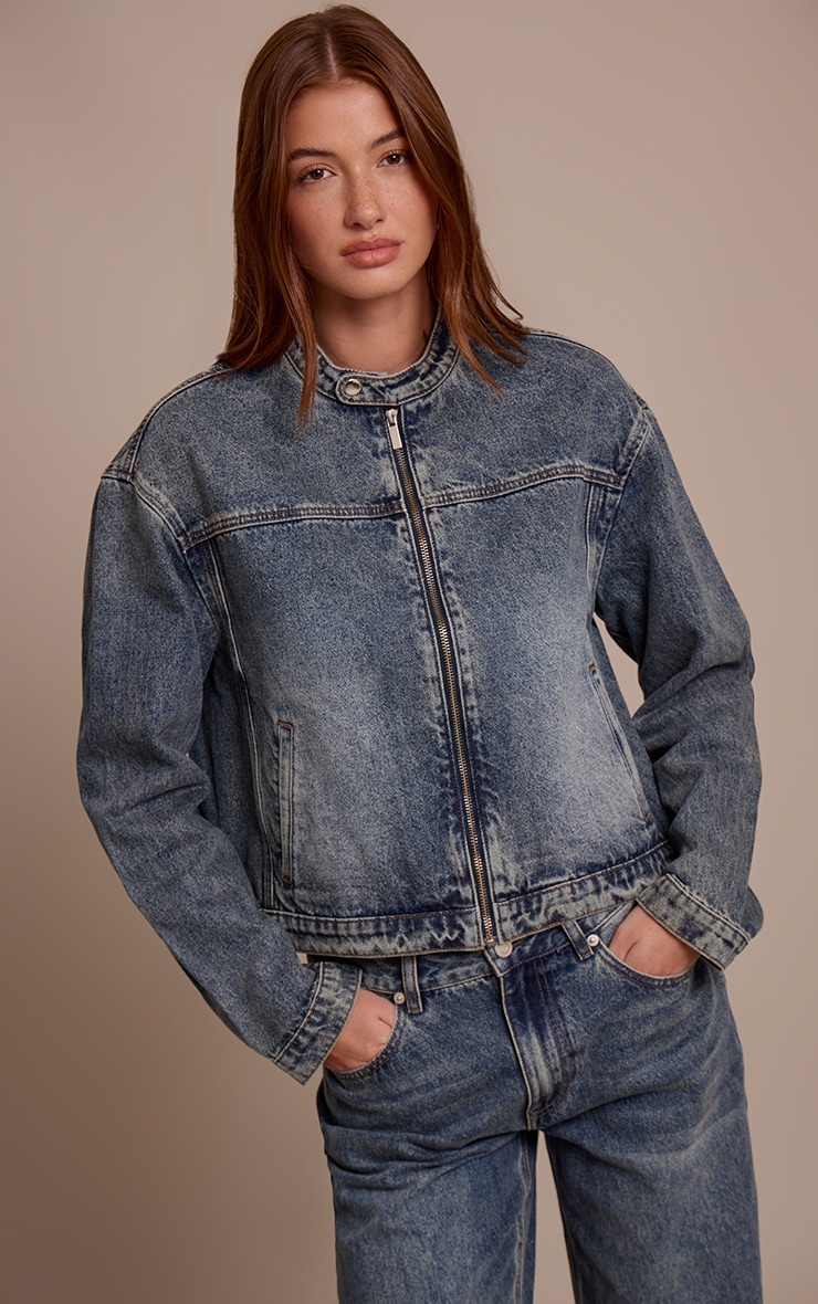 Vintage Blue Boxy Denim Racer Jacket image 1