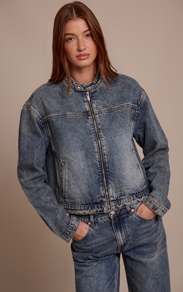 Vintage Blue Boxy Denim Racer Jacket