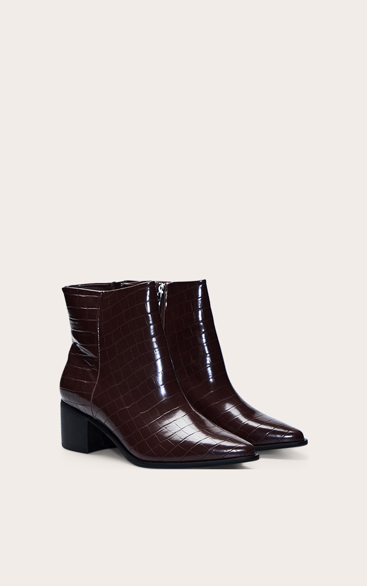 Chocolate Croc Pointed Toe Block Heel Ankle Boot image 3