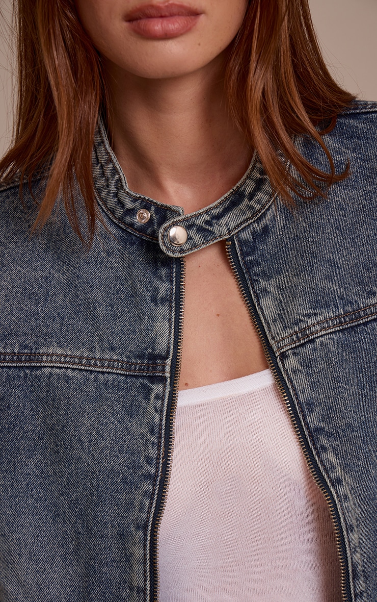 Vintage Blue Boxy Denim Racer Jacket image 4