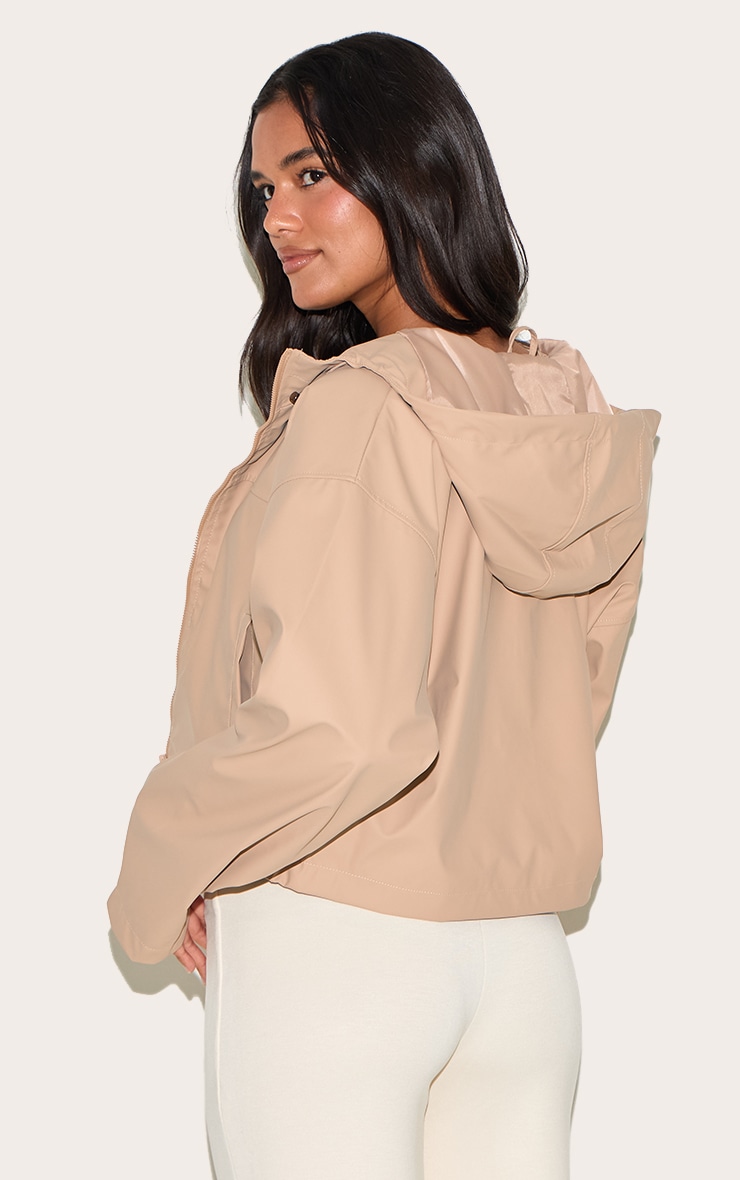 Beige Pu Faux Leather Cropped Hooded Jacket image 2