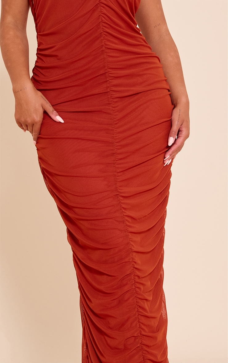 Shape Rust Mesh Ruched Halterneck Maxi Dress image 4