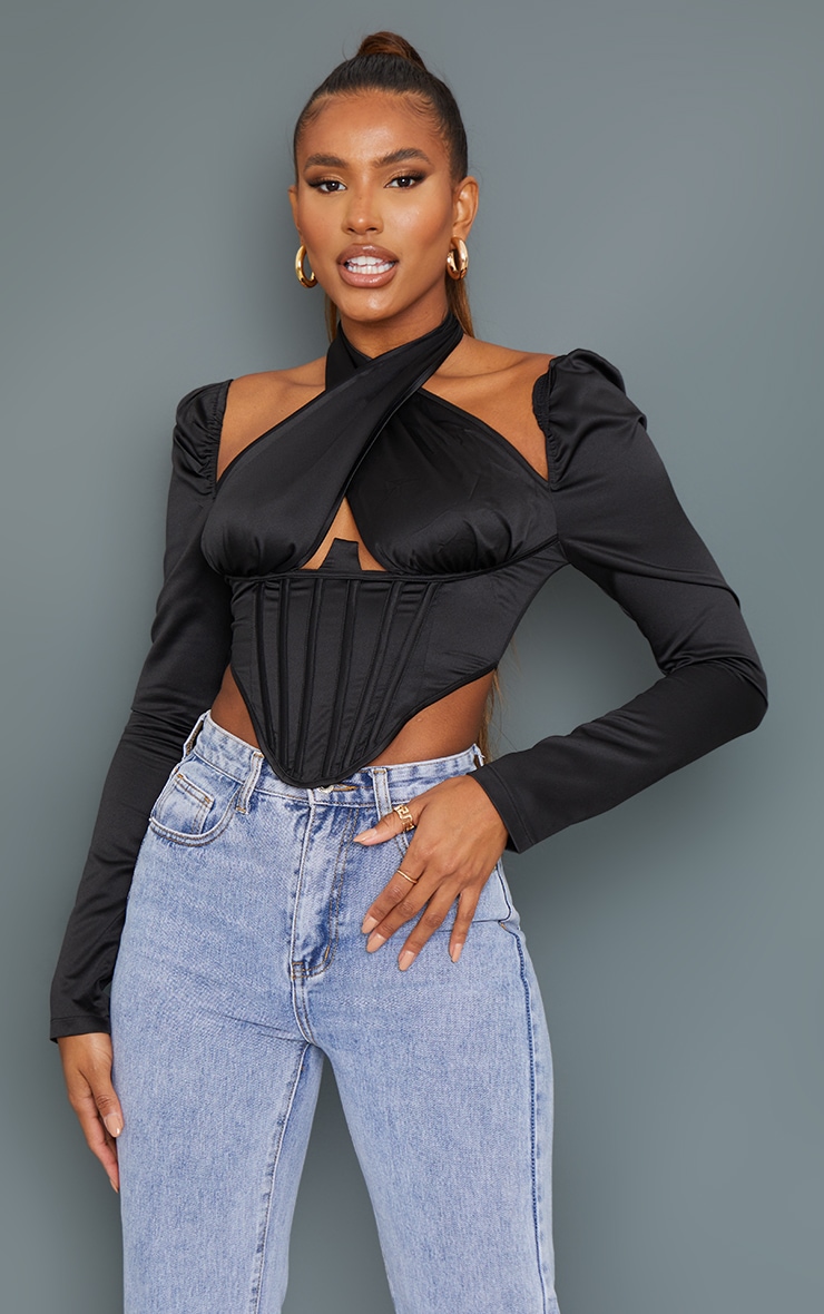 Black Satin Halterneck Underbust Long Sleeve Curved Hem Corset image 1