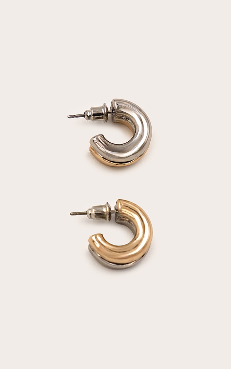 Two Tone Gold and Silver Double Hoop Earrings image 3