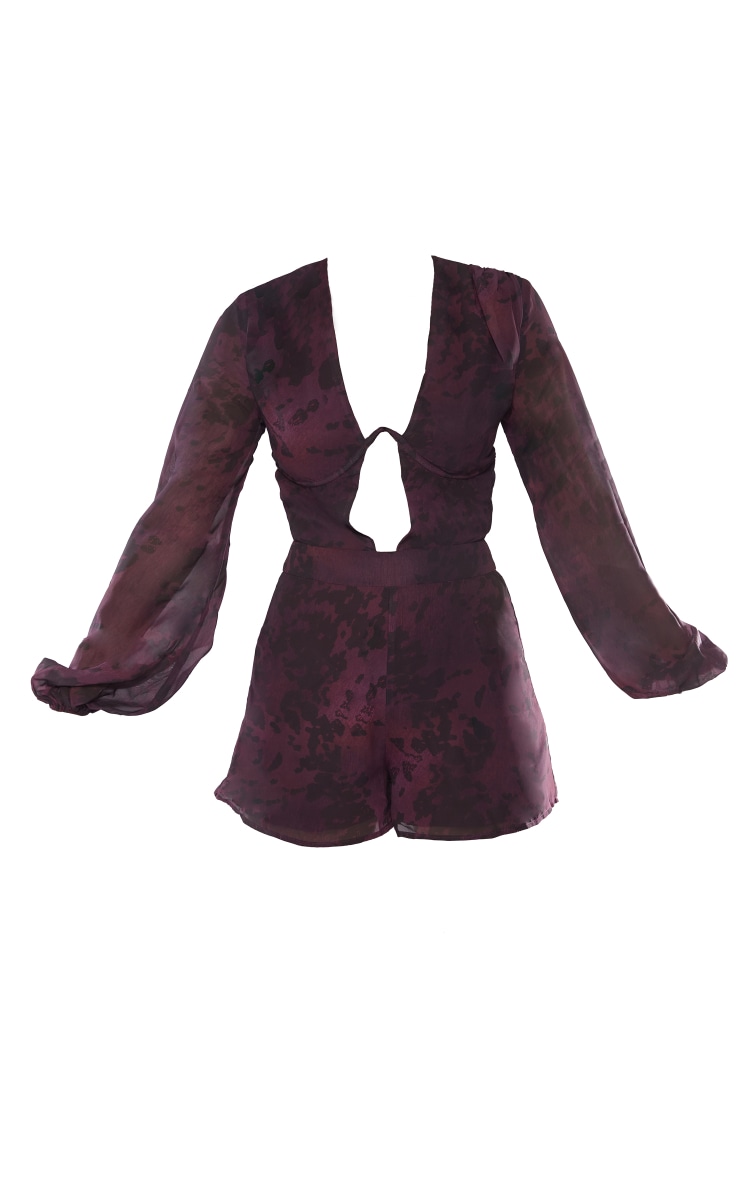 Burgundy Leopard Print Underwire Chiffon Balloon Sleeve Playsuit image 5