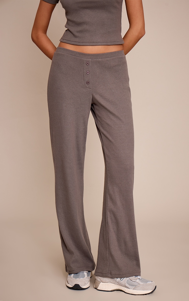 Charcoal Grey Rib Button Detail Wide Leg Pants  image 2