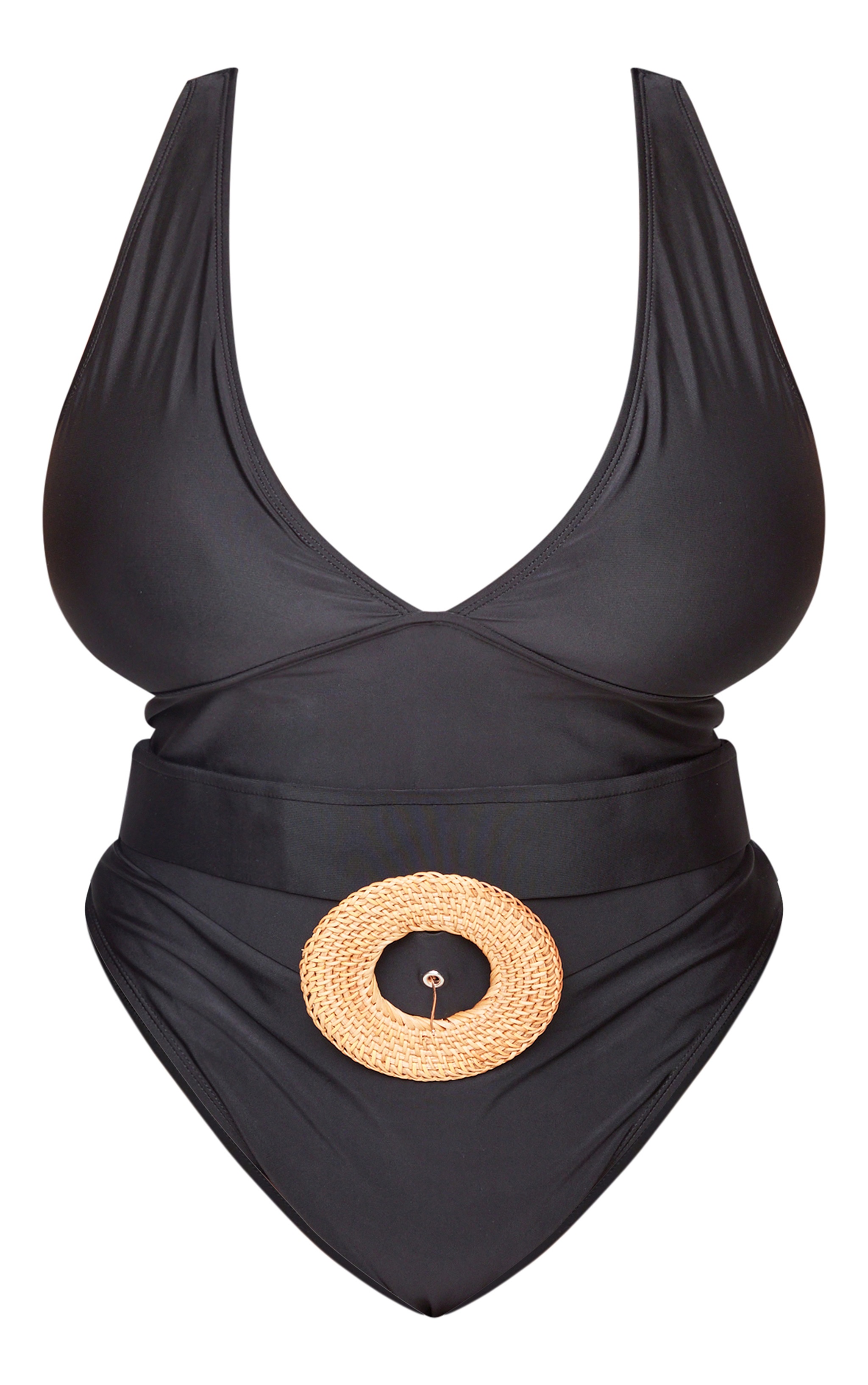 Plus Black Plunge Rattan Belted High Leg Swimsuit image 5