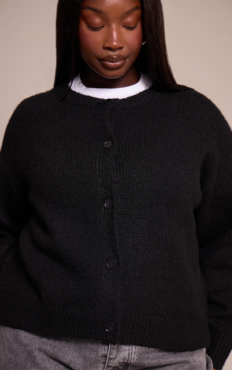 Plus Black Brushed Oversized Detail Round Neck Cardigan image 4