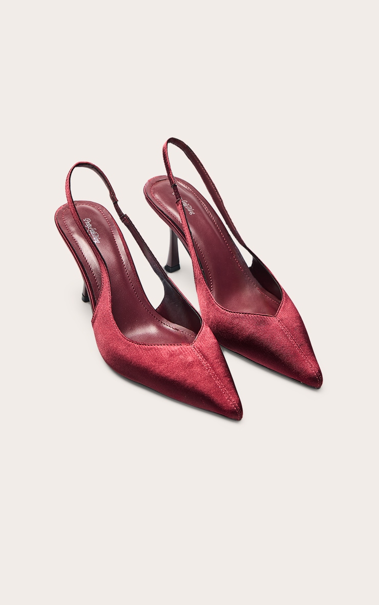 Burgundy Satin Point Toe Heeled Sling Back image 3