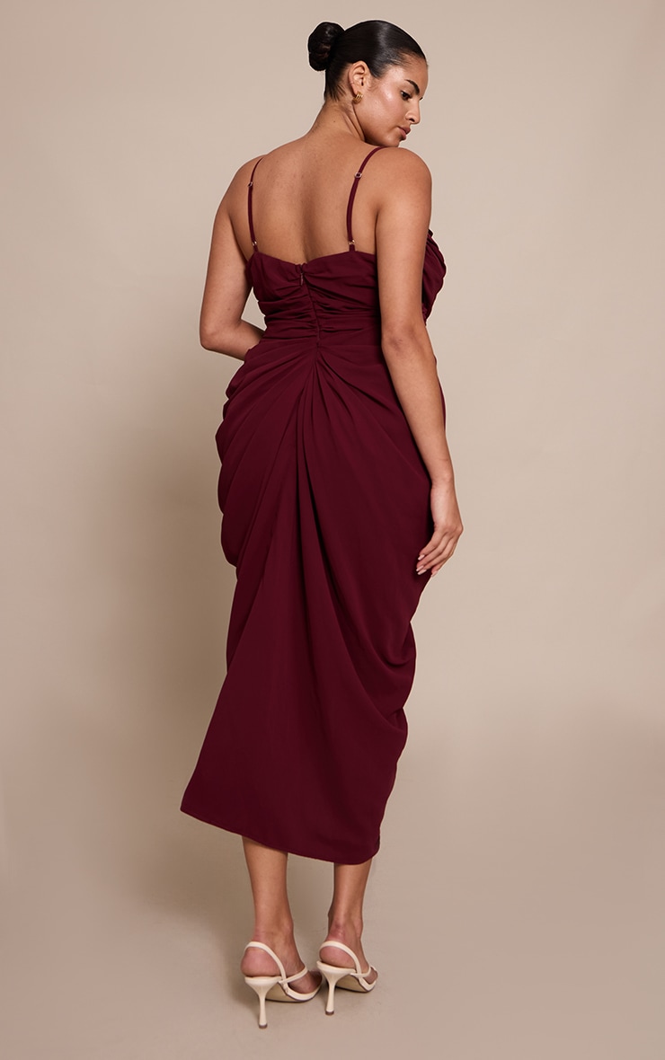Plus Wine Ruched Chiffon Drape Midi Dress image 2