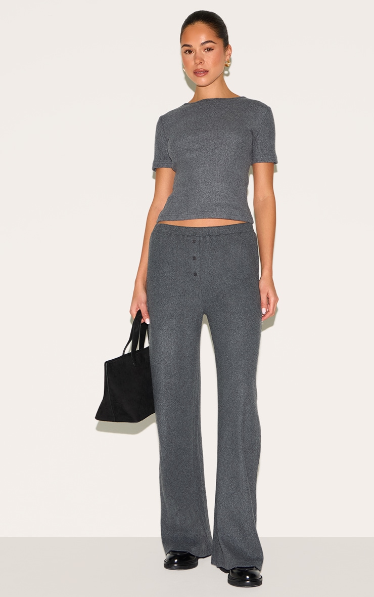 Charcoal Brushed Rib Button Up Detail Straight Leg Pants image 1