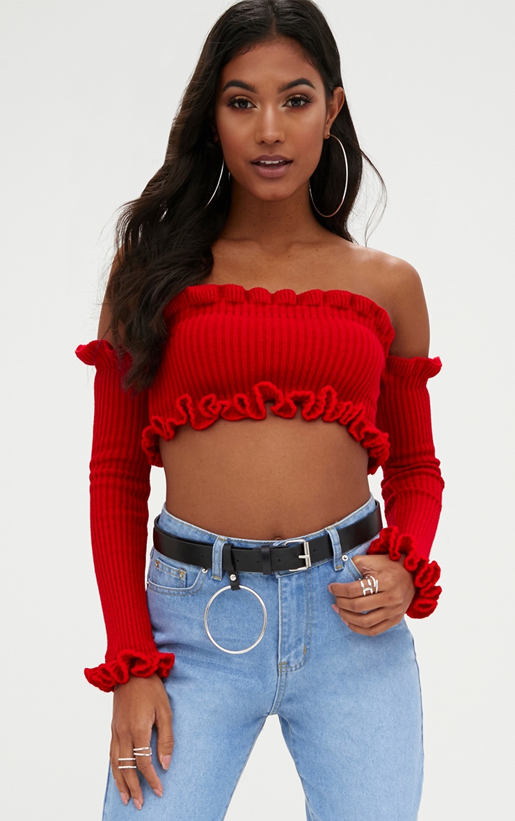 red ruffle long sleeve top