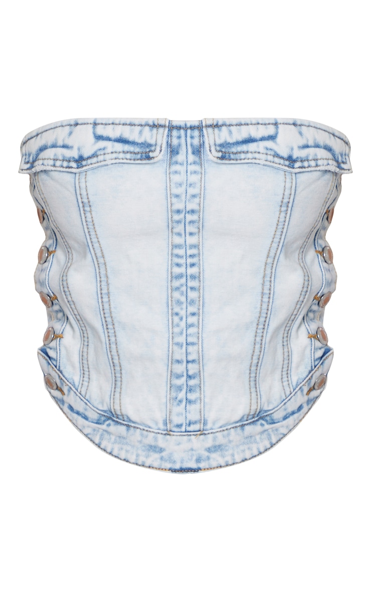 Petite Ice Blue Denim Corset Top With Button Detailing image 5