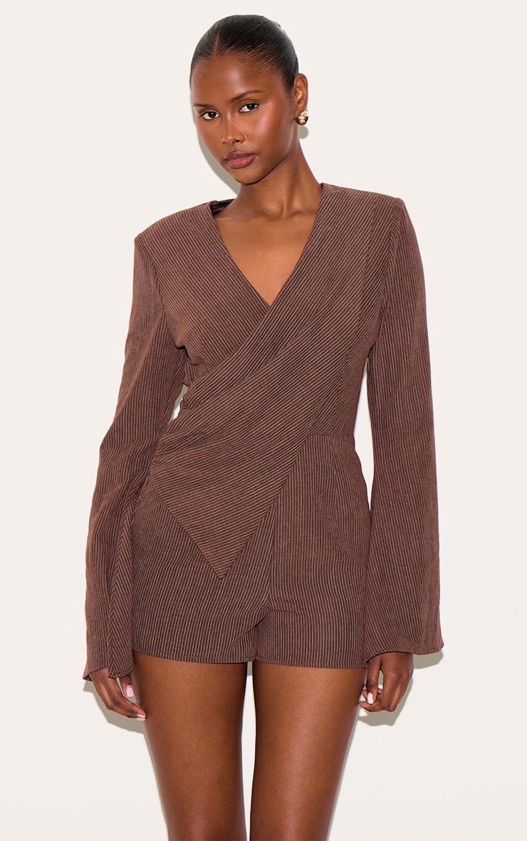 Brown Pinstripe Peachskin Wrap Front Long Sleeve Romper image 1
