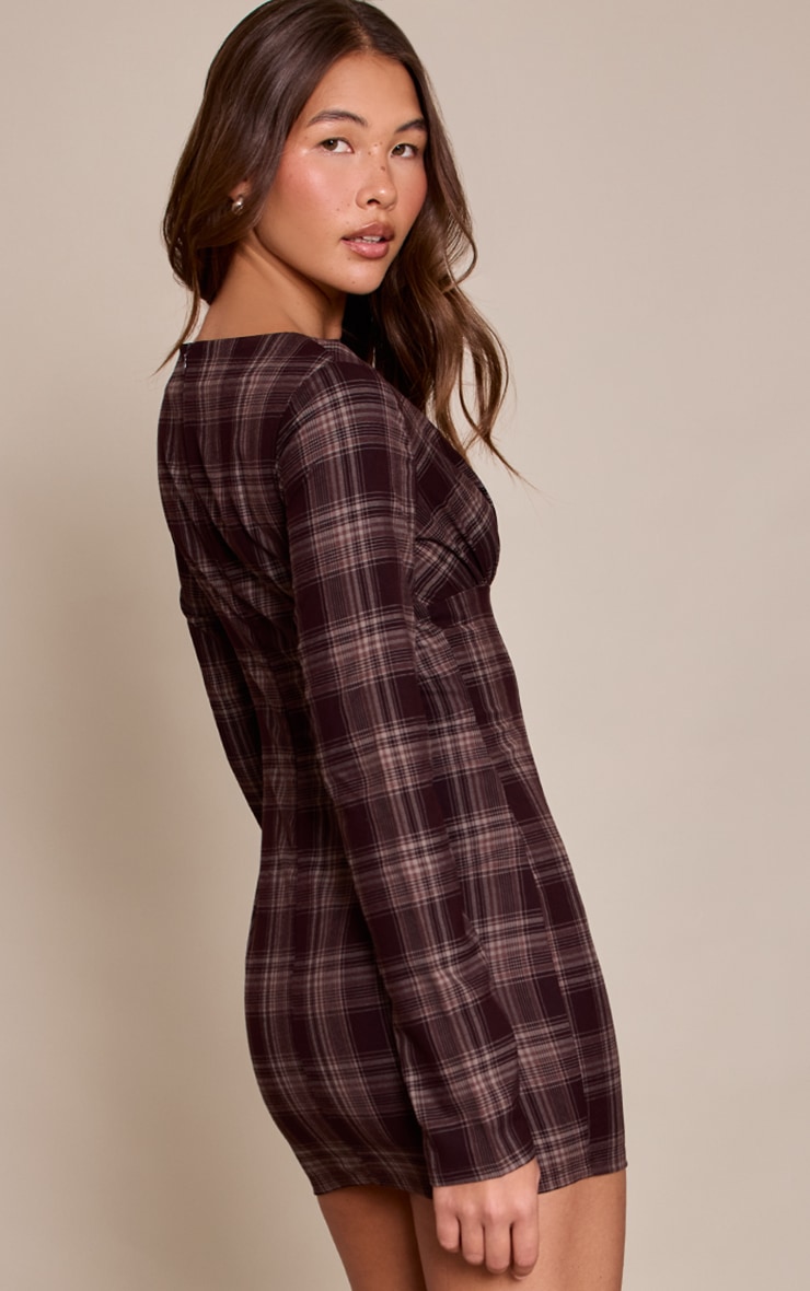 Brown Check Boat Neck Long Sleeve Bodycon Dress image 2