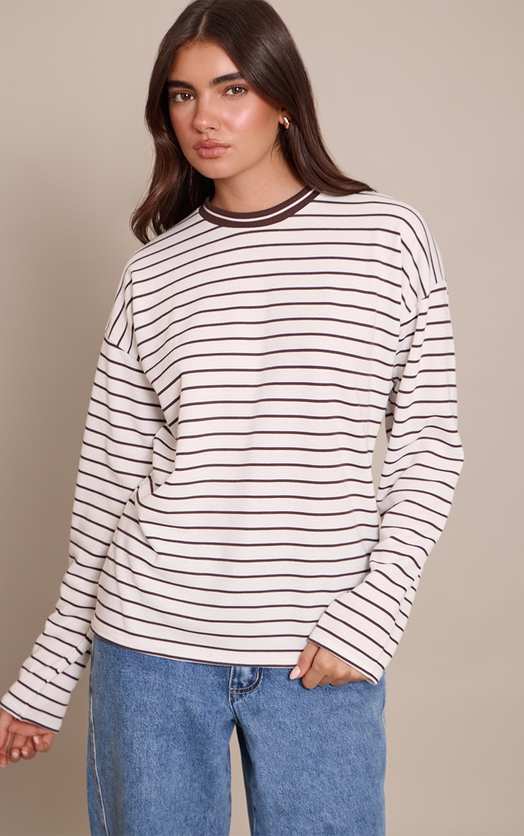 Cream Soft Jersey Striped Oversized T Shirt  image 1