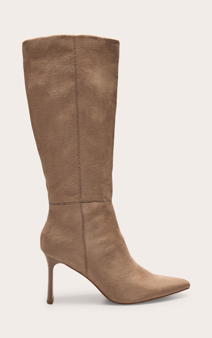 Mushroom Faux Suede Point Toe Thin Block High Heel Knee High Boots image 1