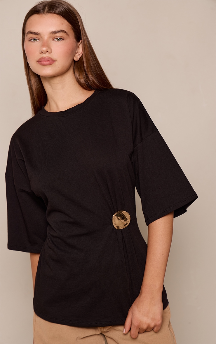 Black Cotton Trim Waist Detail Oversized T-Shirt image 1