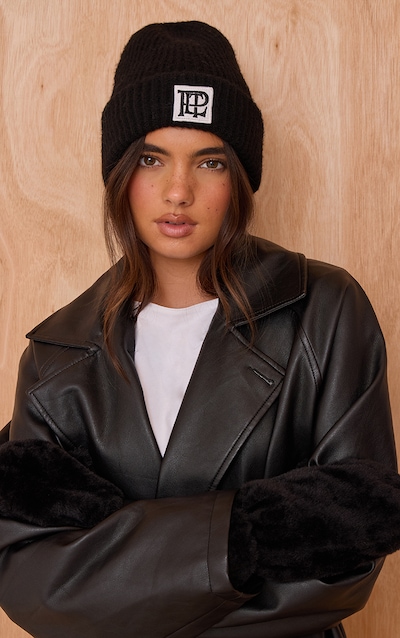 Bonnet replié en maille tricot brossée noire à logo PLT