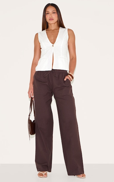 Tall Chocolate Linen Drawstring Waist Trousers