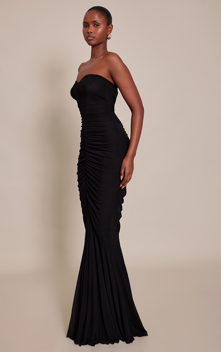 Black Mesh Bandeau Ruched Detail Maxi Dress image 3