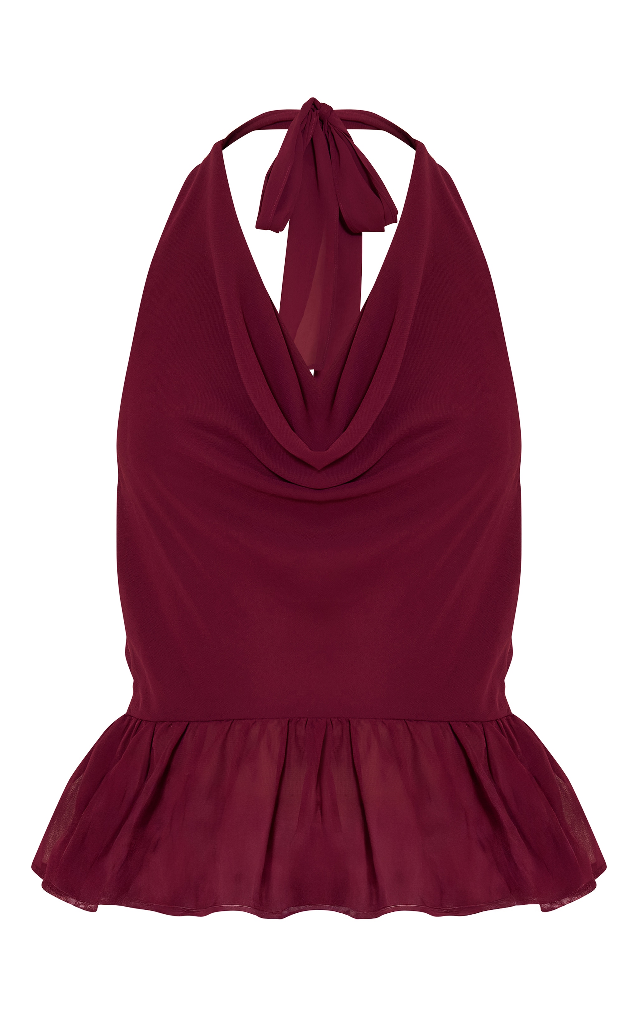 Wine Chiffon Cowl Peplum Hem Halterneck Top image 5