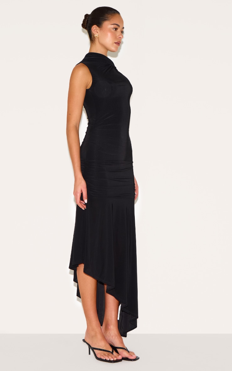 Robe longue asymétrique moulante noire froncée à partie superposée image 3