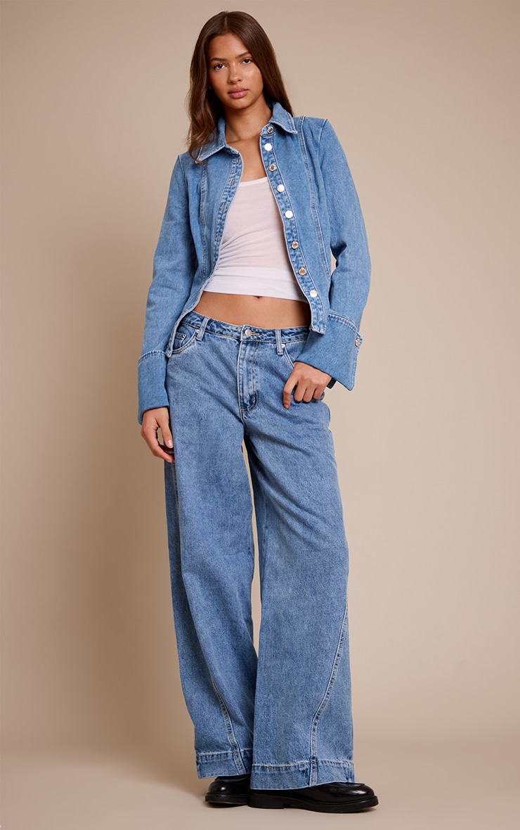 Mid Blue Wash Long Sleeve Cinch Waist Denim Shirt image 3