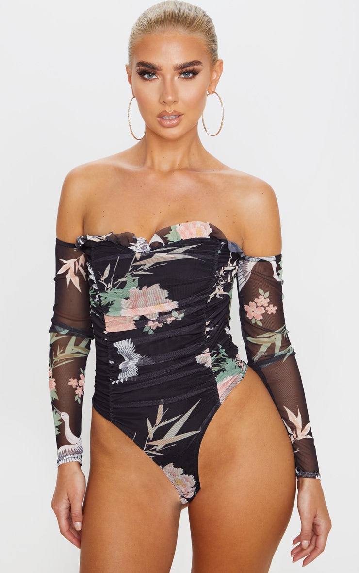 Black Printed Mesh Ruched Bardot Bodysuit image 2