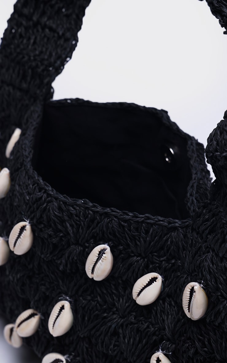 Black Raffia Shell Detail Beach Handbag image 4