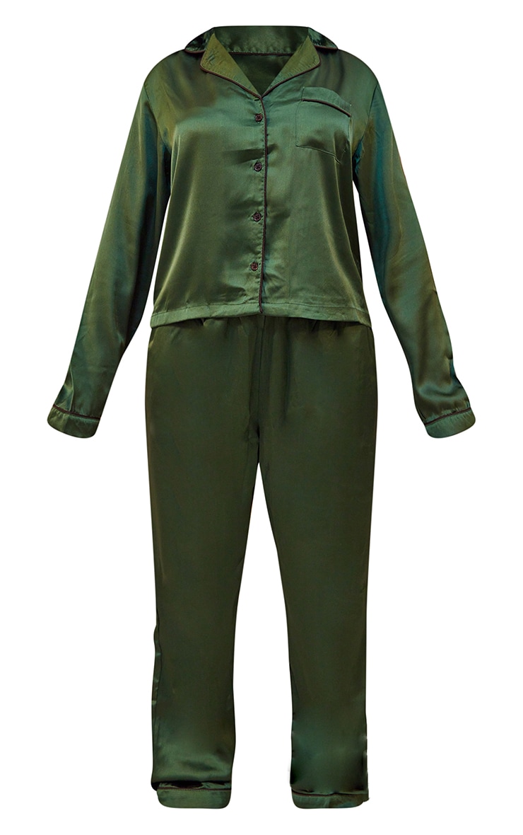 PRETTYLITTLETHING Petite Green Satin Pocket Long PJ Set image 5