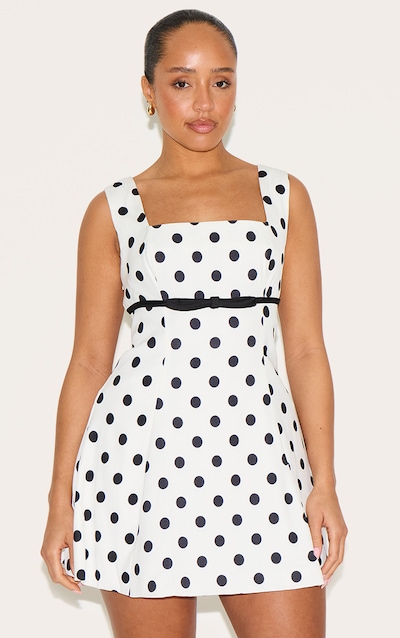 Shape White Polka Dot Square Neck Under Bust Bow Detail A-line Mini Dress